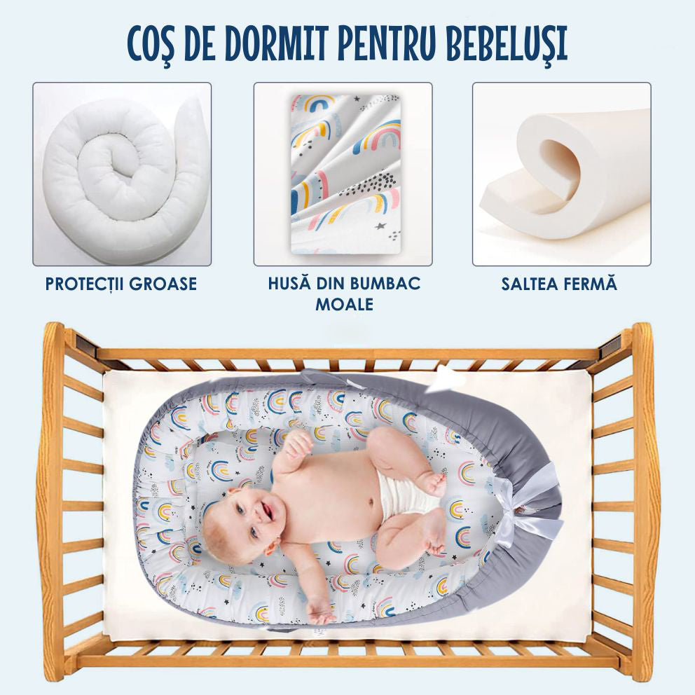 Cosulet Bebelusi pentru Dormit tip Baby Nest, cu Doua Fete, 0-24 Luni, 90x55cm, Husa Bumbac, Confort & Siguranta, Alb/Gri deschis