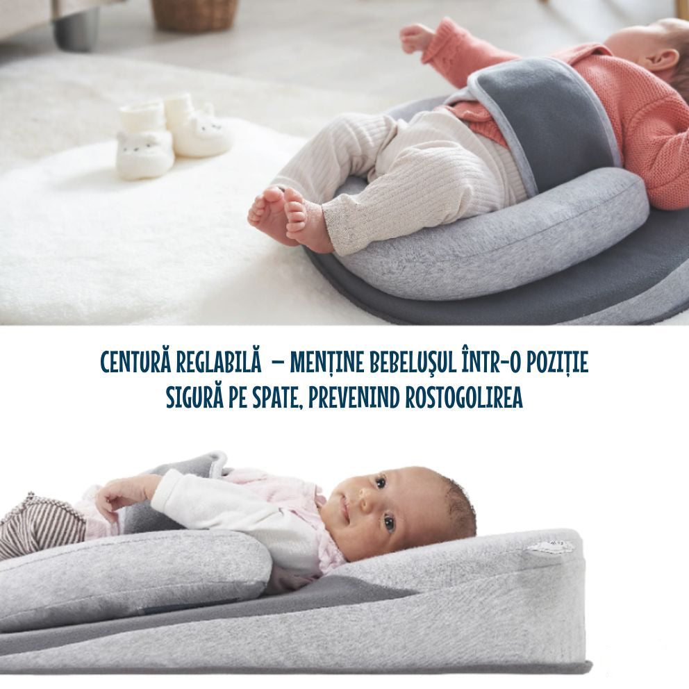 Suport Ergonomic Bebelusi pentru Somn cu Plan Inclinat 15° Anti-Reflux, Centură reglabilă, Suport picioare ajustabil, Perna pentru cap rotund
