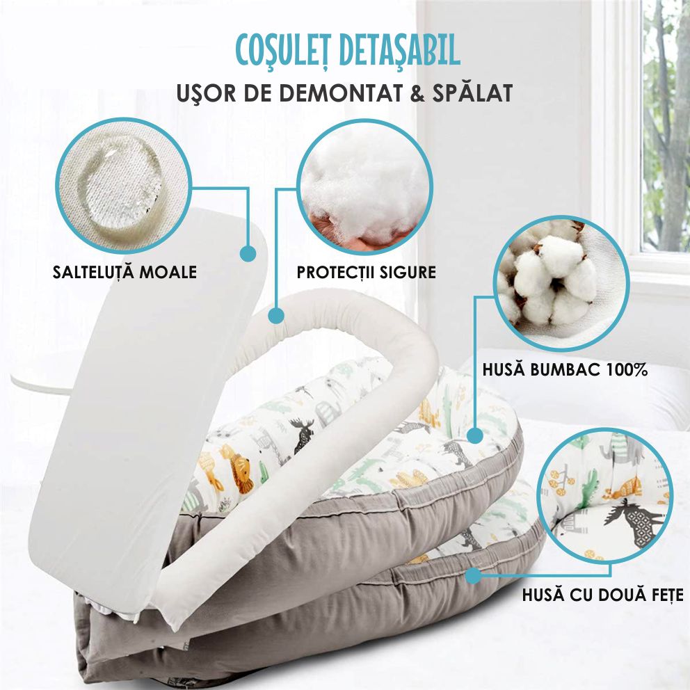 Cosulet Bebelusi pentru Dormit tip Baby Nest, cu Doua Fete, 0-24 Luni, 90x55cm, Husa Bumbac, Confort & Siguranta, Alb/Gri Bej