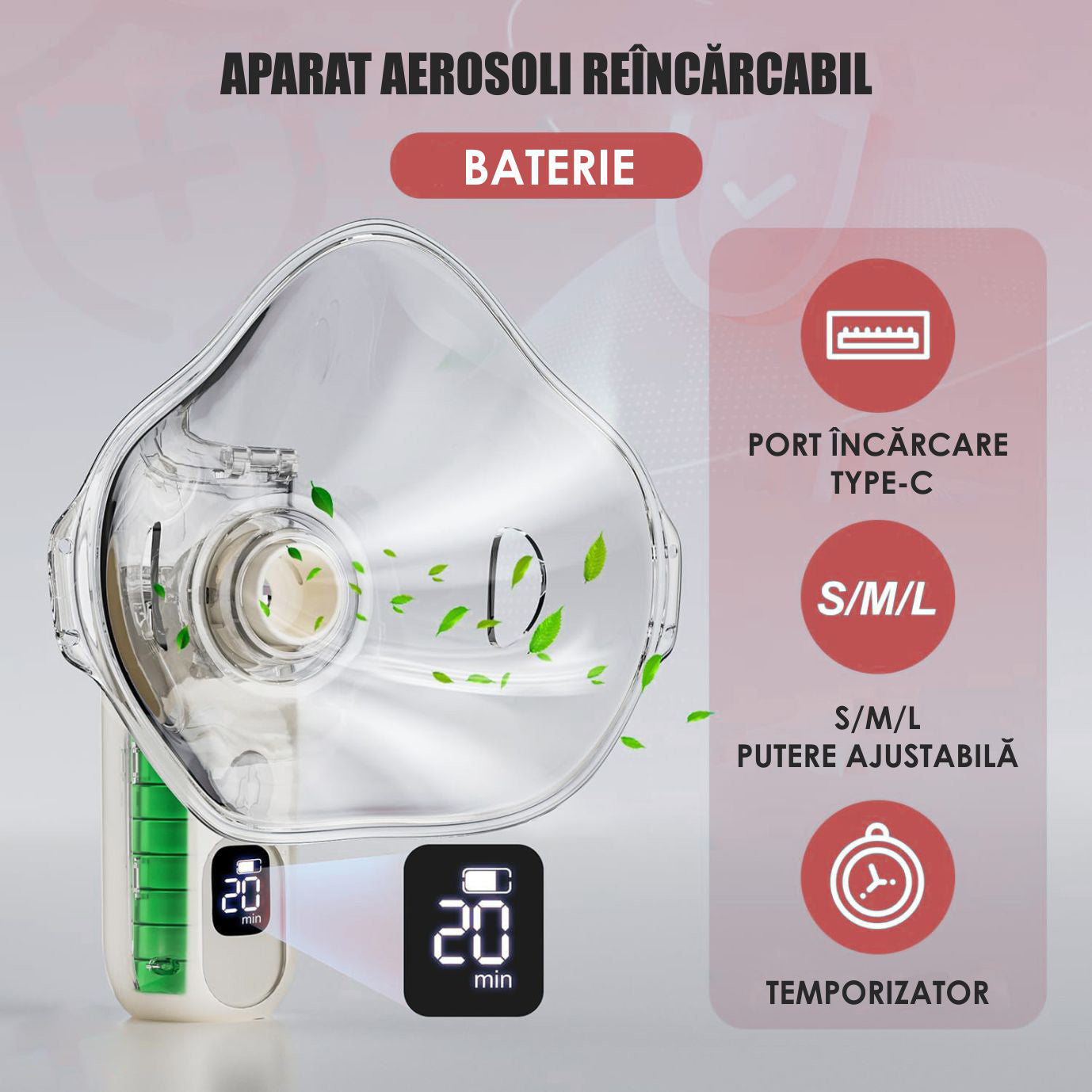 Aparat Aerosoli Profesional, Masca Copii si Adulti, Mustiuc Inhalare, 3 Moduri, Tehnologie Mesh, Particule 3.5µm, Autocuratare, Timer