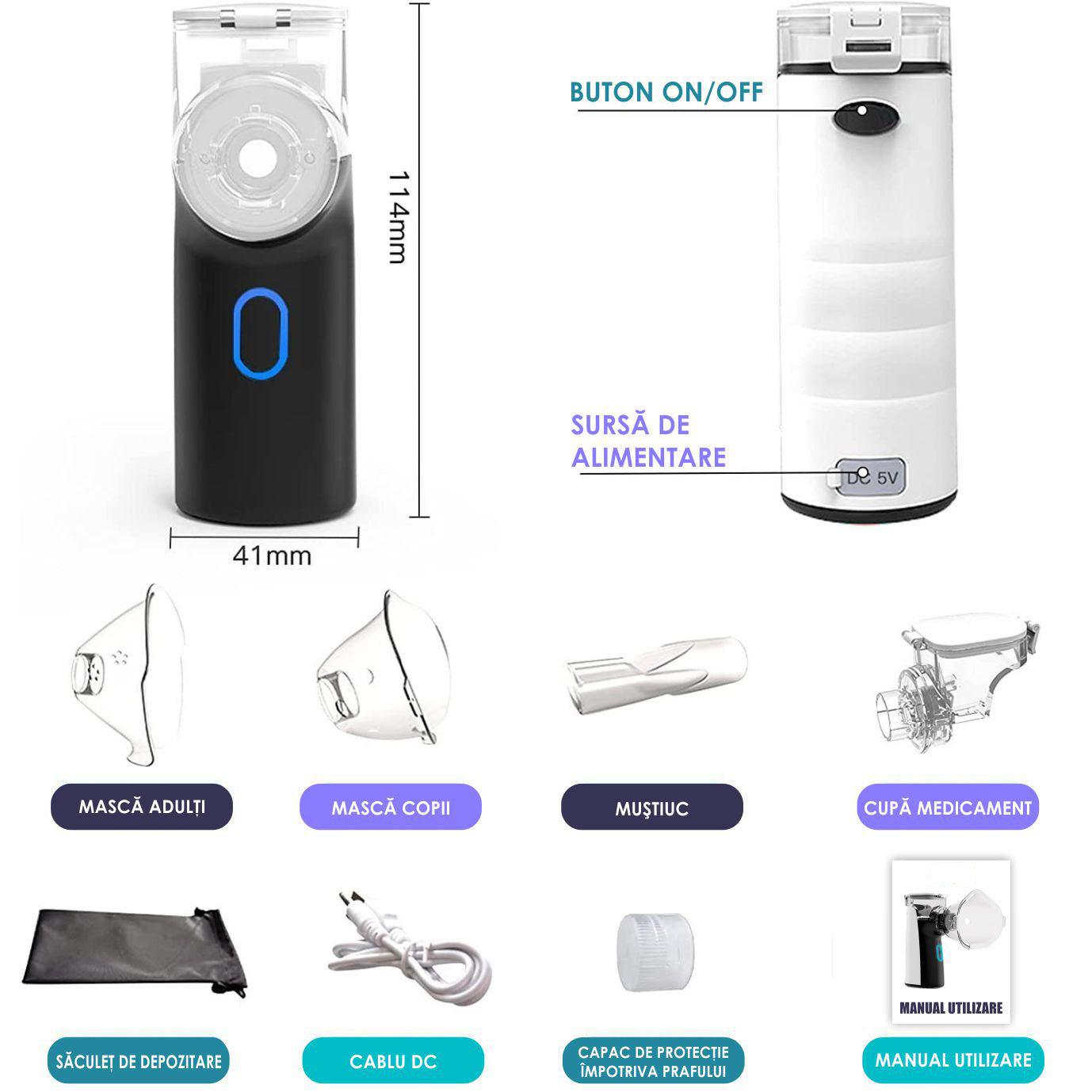 Aparat Aerosoli Profesional, Masca Copii si Adulti, Mustiuc Inhalare, Tehnologie Dual-Wave, Particule ≤4μm, Autocuratare