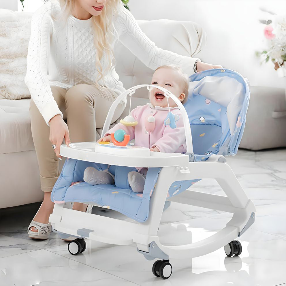 Balansoar Multifunctional 5 in 1, Scaun de Masa, Carucior, Masuta Ajustabila & Detasabila, Spatar Rabatabil, Coperina Ajustabila, Jucarii Detasabile, Buzunar Depozitare, Centura de Siguranta, 0-36 Luni, Albastru