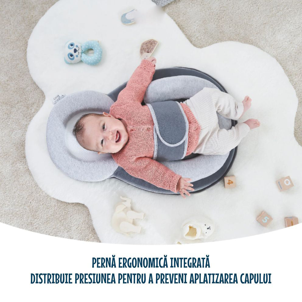 Suport Ergonomic Bebelusi pentru Somn cu Plan Inclinat 15° Anti-Reflux, Centură reglabilă, Suport picioare ajustabil, Perna pentru cap rotund