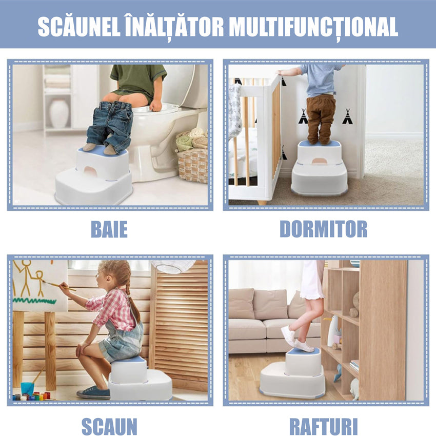 Scaunel Inaltator pentru Copii 2 in 1 cu Doua Trepte, Multifunctional, pentru WC, Baie si Bucatarie, Alb / Albastru