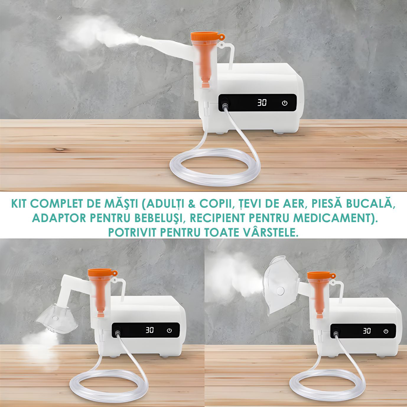 Aparat Aerosoli Profesional, Masca Copii si Adulti, Adaptor Bebelusi, Nebulizator Inhalator cu Compresor, Particule 2-3µm