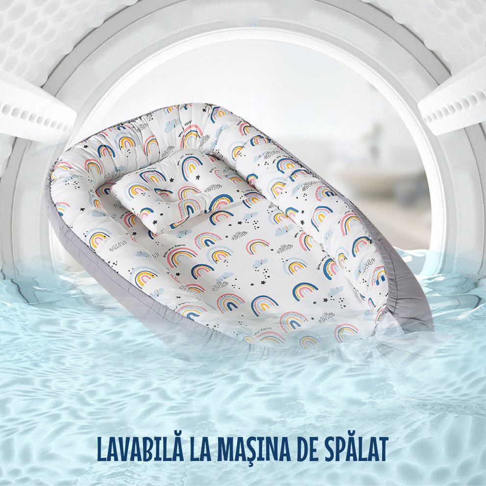 Cosulet Bebelusi pentru Dormit tip Baby Nest, cu Doua Fete, 0-24 Luni, 90x55cm, Husa Bumbac, Confort & Siguranta, Alb/Gri deschis
