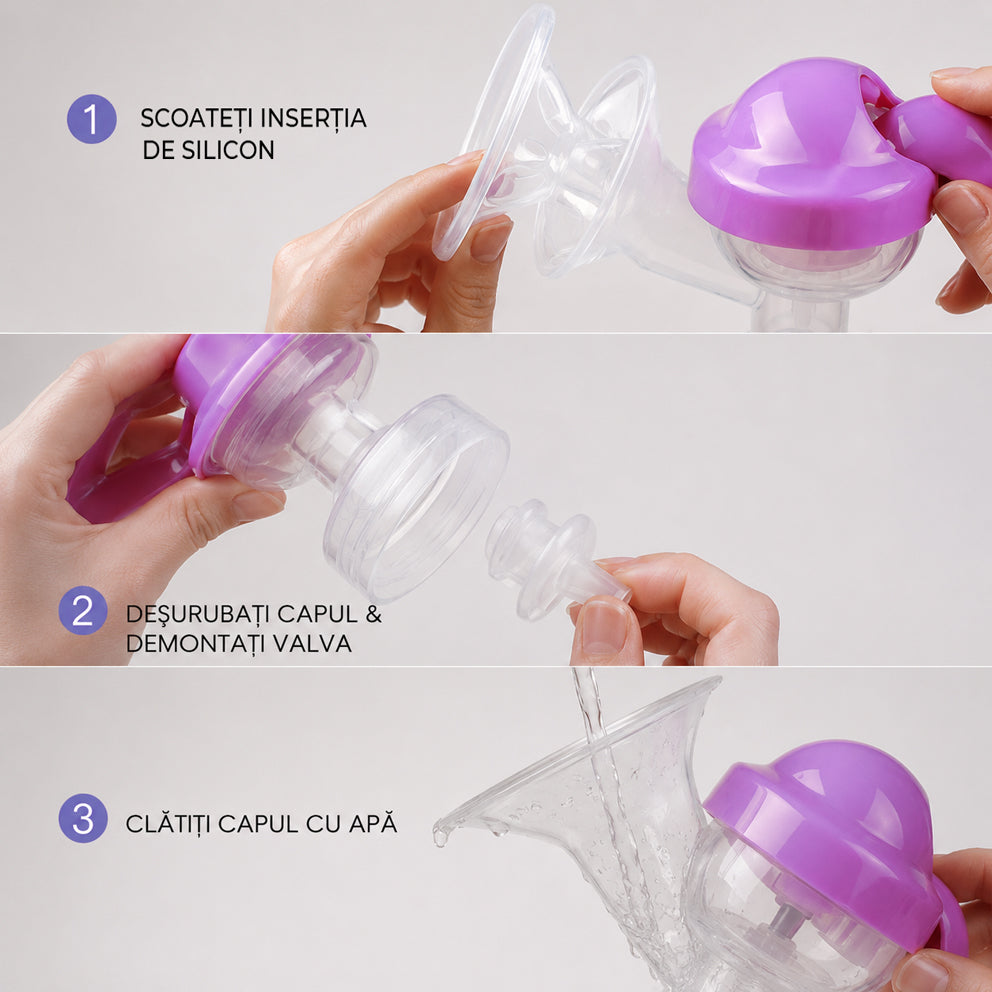 Pompa de san manuala 2 in1 cu biberon, Linovit®, 150 ml, 3 niveluri de aspirare, Cupa moale din silicon, Fara BPA, Roz - Linovit Store