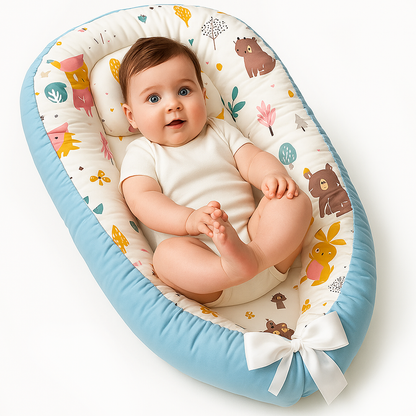 Cosulet Bebelusi pentru Dormit tip Baby Nest, cu Doua Fete, 0-24 Luni, 90x55cm, Husa Bumbac, Confort & Siguranta, Alb/Blue sky