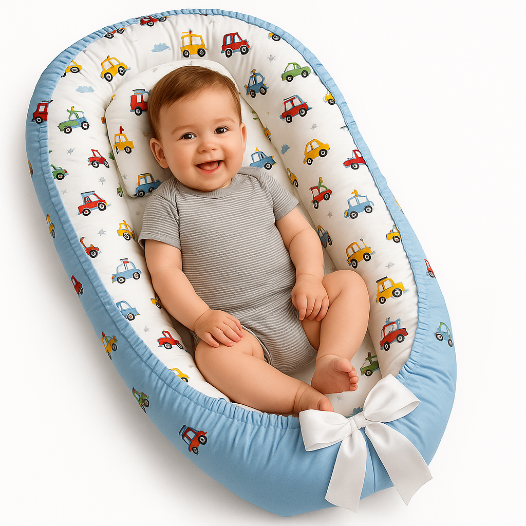 Cosulet Bebelusi pentru Dormit tip Baby Nest, cu Doua Fete, 0-24 Luni, 90x55cm, Husa Bumbac, Confort & Siguranta, Alb/Blue pale