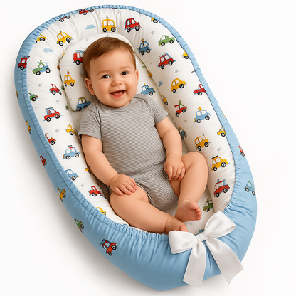 Cosulet Bebelusi pentru Dormit tip Baby Nest, cu Doua Fete, 0-24 Luni, 90x55cm, Husa Bumbac, Confort & Siguranta, Alb/Blue pale