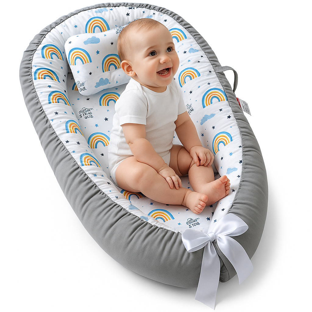 Cosulet Bebelusi pentru Dormit tip Baby Nest, cu Doua Fete, 0-24 Luni, 90x55cm, Husa Bumbac, Confort & Siguranta, Alb/Gri deschis