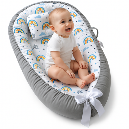 Cosulet Bebelusi pentru Dormit tip Baby Nest, cu Doua Fete, 0-24 Luni, 90x55cm, Husa Bumbac, Confort & Siguranta, Alb/Gri deschis
