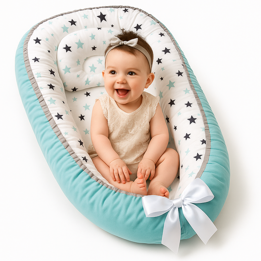 Cosulet Bebelusi pentru Dormit tip Baby Nest, cu Doua Fete, 0-24 Luni, 90x55cm, Husa Bumbac, Confort & Siguranta, Alb/Turcoaz
