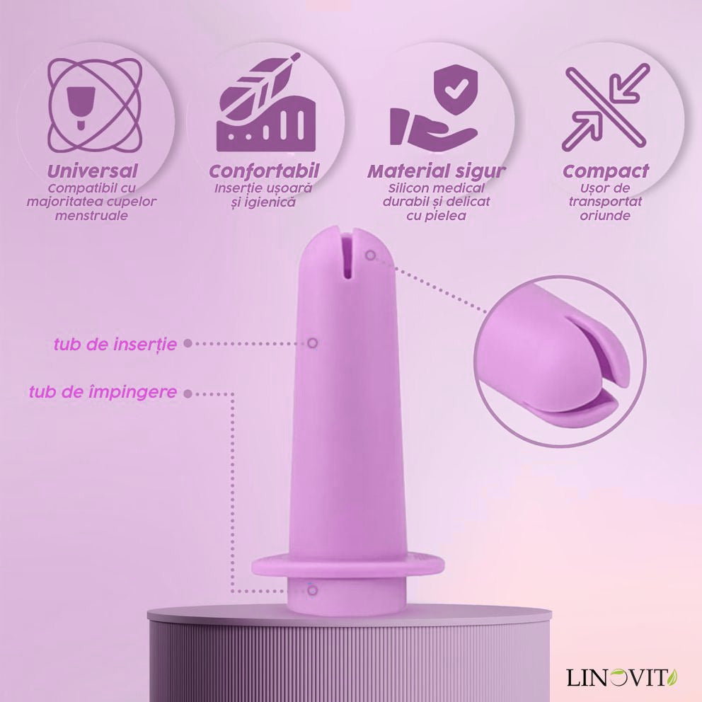 Aplicator pentru cupa menstruala Linovit®, silicon medical, reutilizabil, usor de folosit, compatibil cu lubrifiant, design compact si igienic, roz