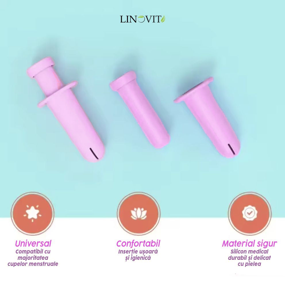 Aplicator pentru cupa menstruala Linovit®, silicon medical, reutilizabil, usor de folosit, compatibil cu lubrifiant, design compact si igienic, roz