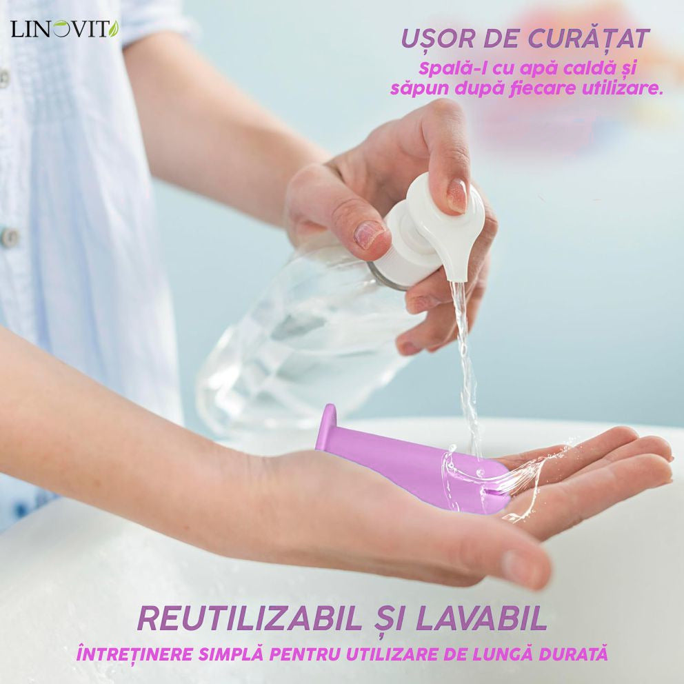 Aplicator pentru cupa menstruala Linovit®, silicon medical, reutilizabil, usor de folosit, compatibil cu lubrifiant, design compact si igienic, roz