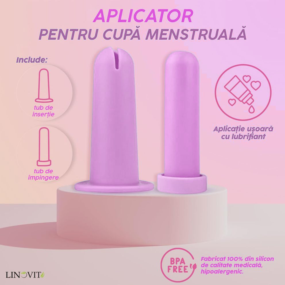 Aplicator pentru cupa menstruala Linovit®, silicon medical, reutilizabil, usor de folosit, compatibil cu lubrifiant, design compact si igienic, roz