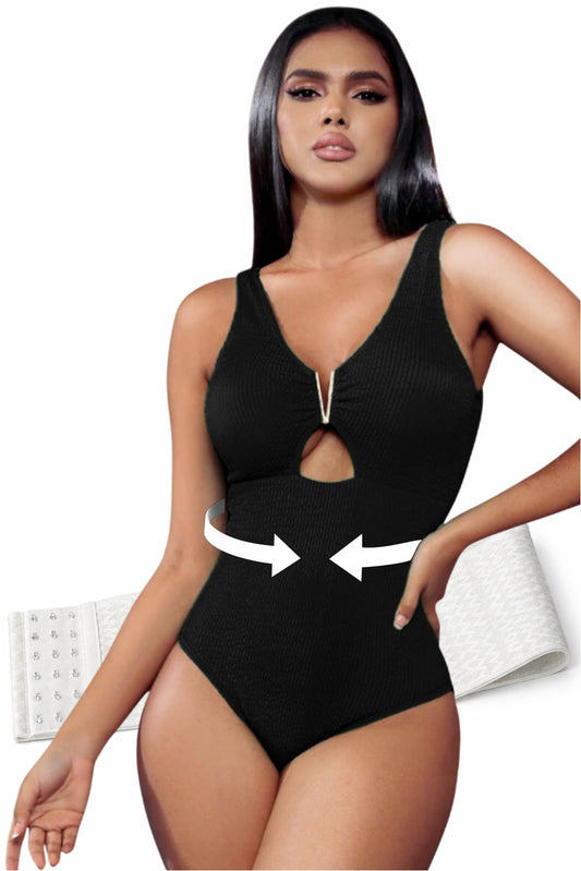 Costum de baie întreg - Include corset modelator pentru subțierea taliei - Negru - Linovit Store