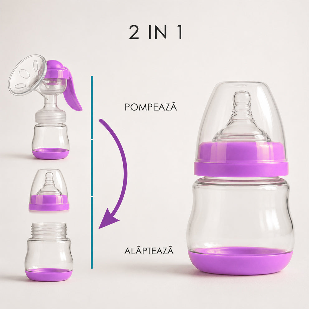 Pompa de san manuala 2 in1 cu biberon, Linovit®, 150 ml, 3 niveluri de aspirare, Cupa moale din silicon, Fara BPA, Roz - Linovit Store