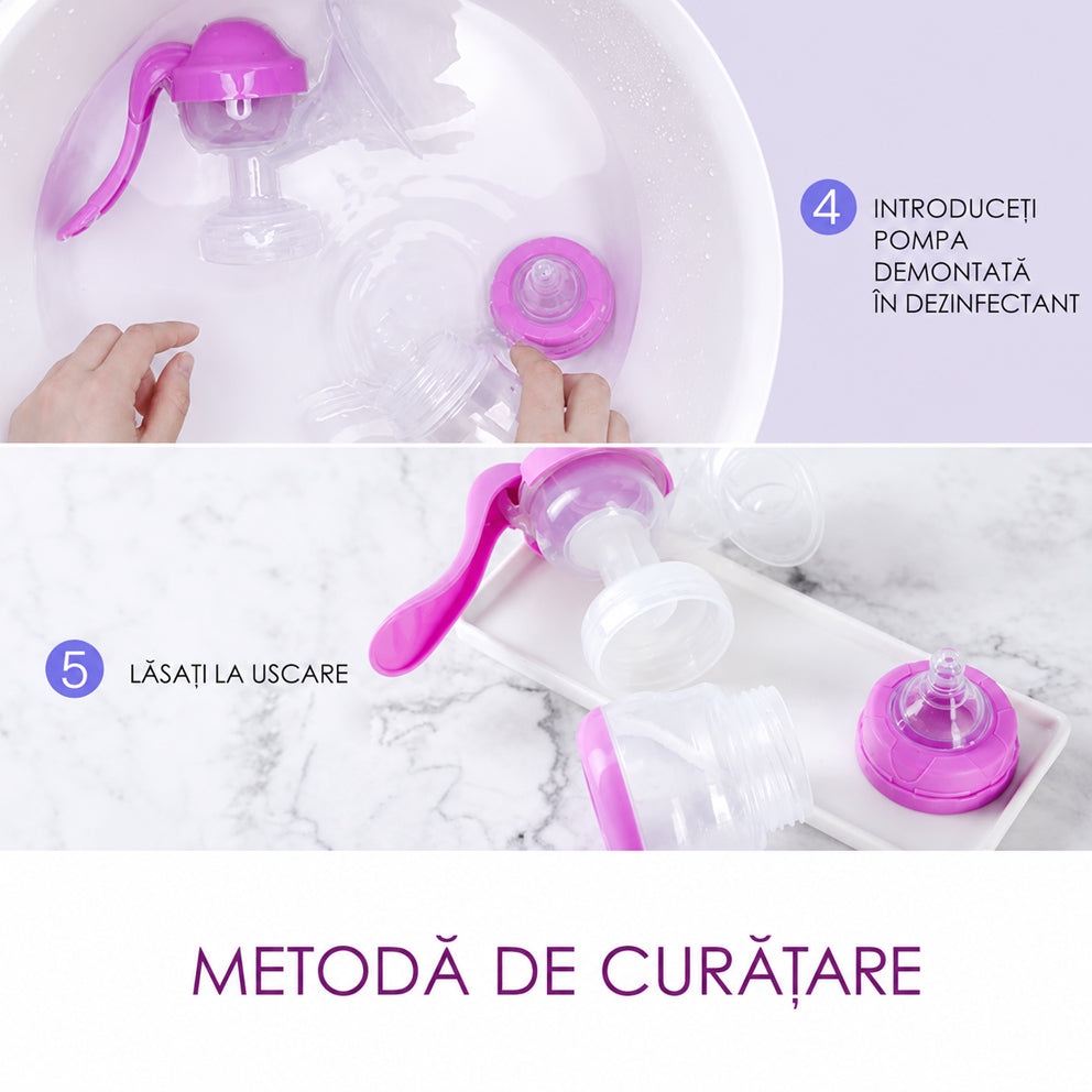 Pompa de san manuala 2 in1 cu biberon, Linovit®, 150 ml, 3 niveluri de aspirare, Cupa moale din silicon, Fara BPA, Roz - Linovit Store