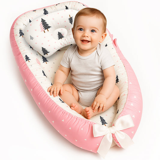 Cosulet Bebelusi pentru Dormit tip Baby Nest, cu Doua Fete, 0-24 Luni, 90x55cm, Husa Bumbac, Confort & Siguranta, Alb/Roz