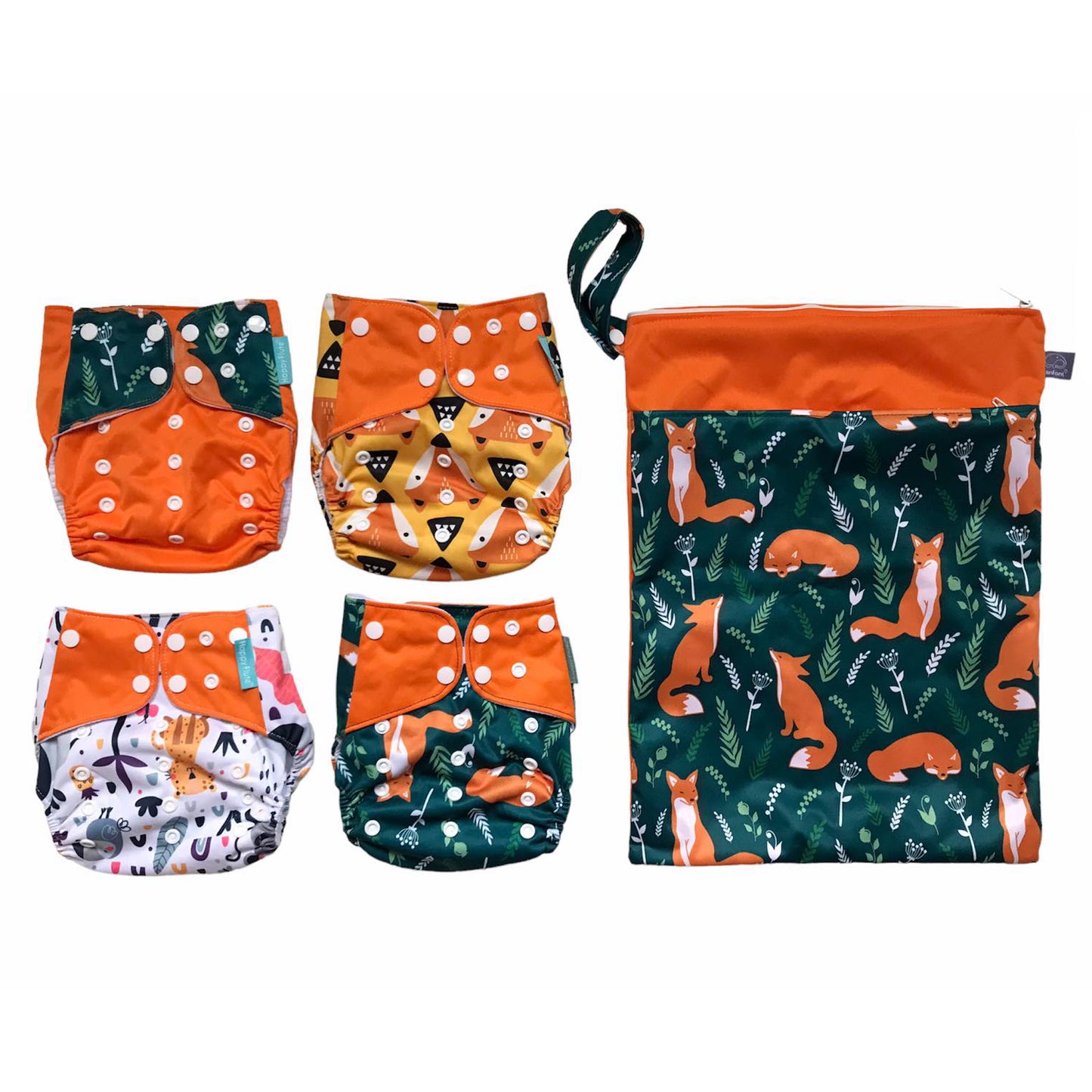 Set 4 scutece bebe, 1 săculeț pentru transport si 8 inserții absorbante, Reutilizabile, Lavabile, Impermeabile, Marime Reglabilă 3kg-15kg, Portocaliu/Verde - Linovit Store