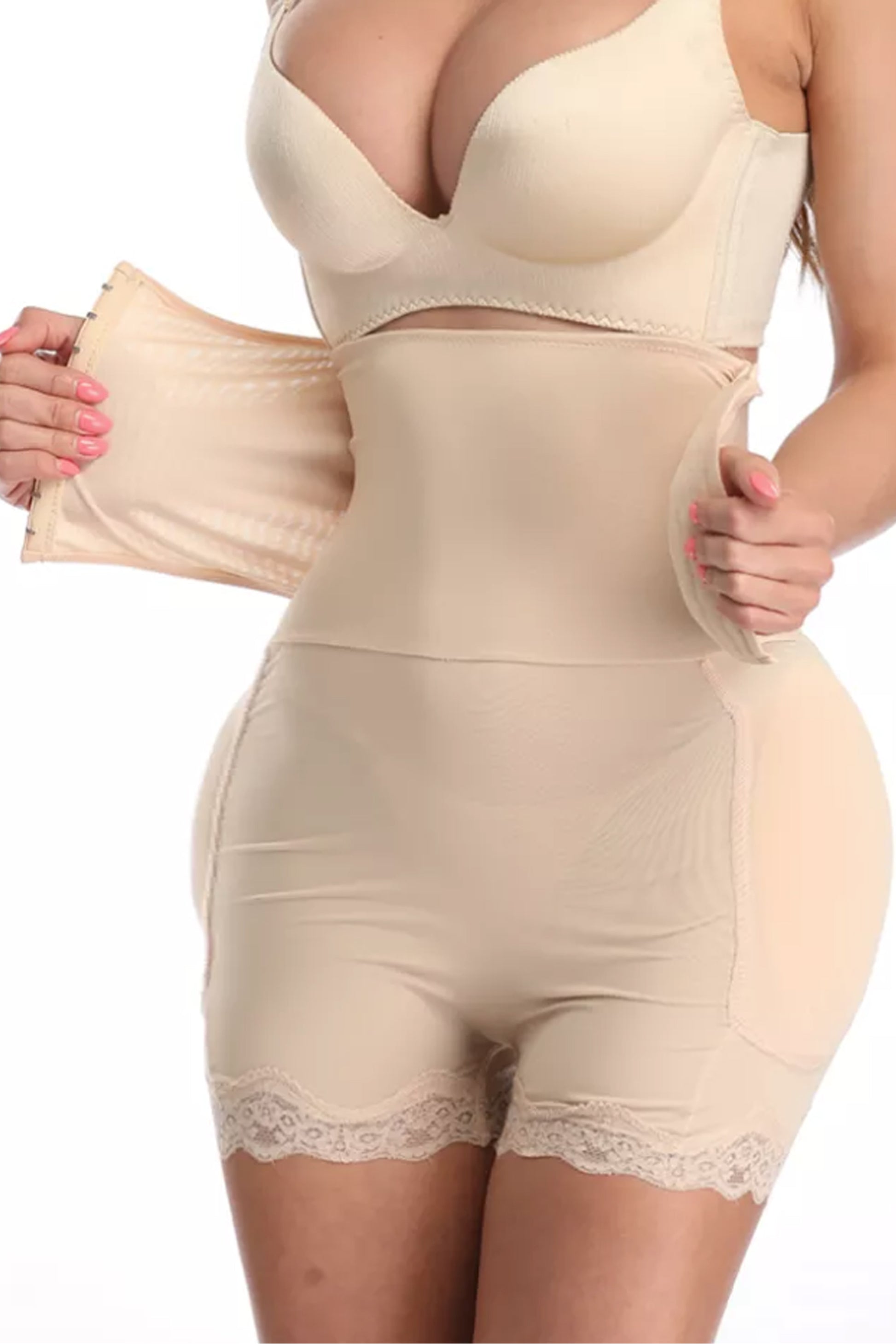 Body modelator cu efect push-up, corset & pernuțe pentru șolduri - Bej