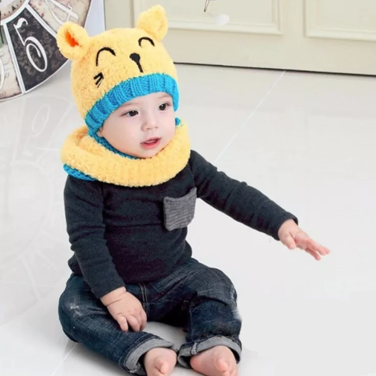 Set caciulă și fular de iarna pentru copii, Model pisică, 6-24 luni - Linovit Store